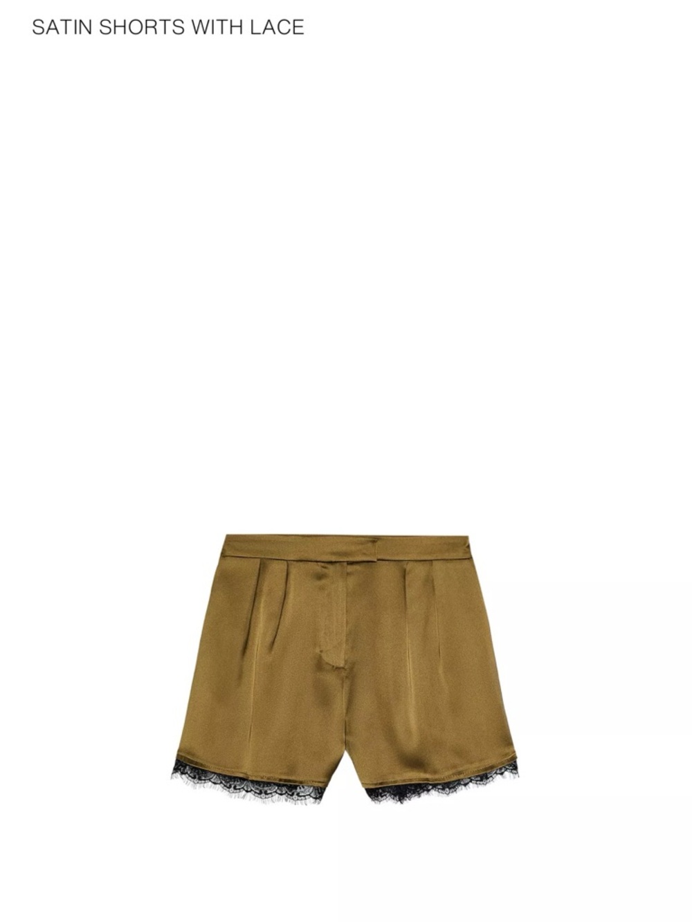 ZARA NWT, Satin Lace Trim Shorts in Olive, size M